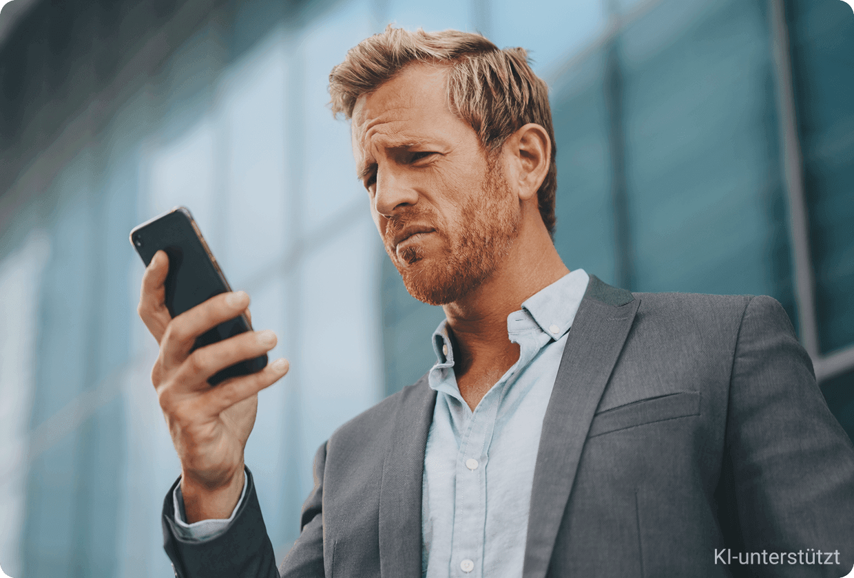 Mann, der kritisch auf sein Handy schaut