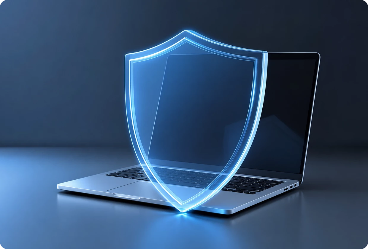 Aufgeklappter Laptop mit stilisiertem Schutzschild