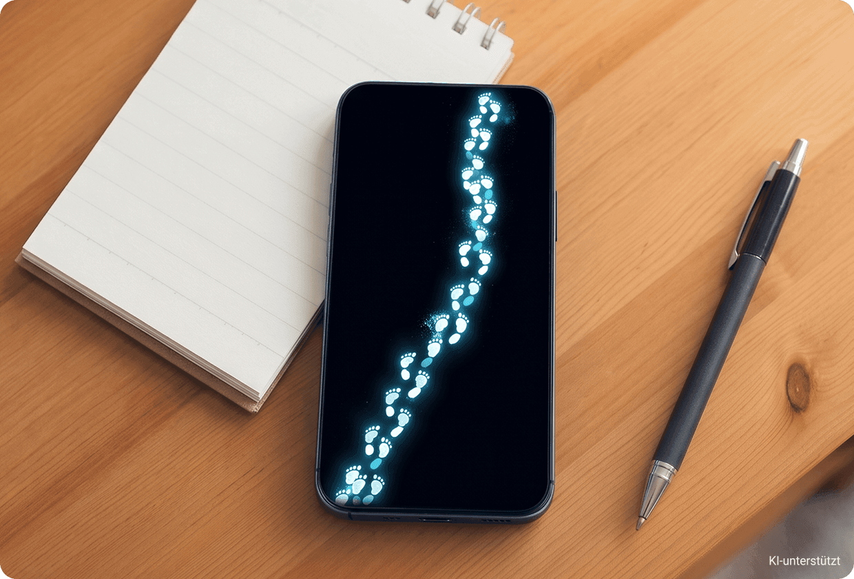 Smartphone liegt auf einem Holztisch neben einem Notizbuch und einem Stift. Auf dem Display sind leuchtende Fußabdrücke zu sehen, die den digitalen Fußabdruck und die persönlichen Datenspuren im Internet symbolisieren.