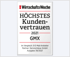 Das Siegel der WirtschaftsWoche kürt GMX zum E-Mail-Anbieter mit dem höchsten Kundenvertrauen.
