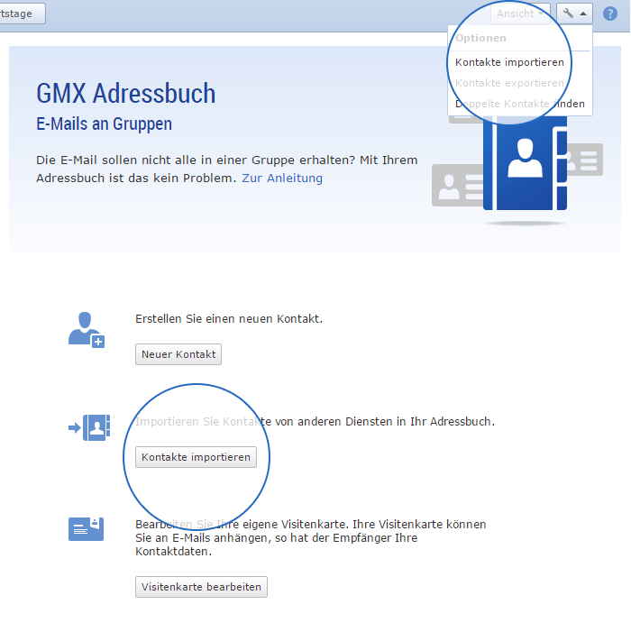An diesen Stellen können Sie Kontakte in Ihr GMX Adressbuch importieren.