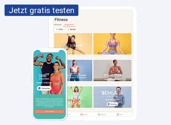Ein weißer Smartphone mit der Gymondo App und dahinter steht aufrecht ein weißes Tablet. Ebenfalls mit der geöffneten Gymondo App.
