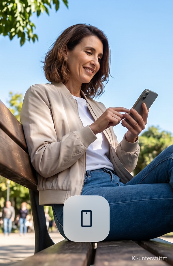 Frau schaut aufs Handy und lauchelt