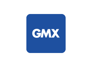 GMX Logo: Dunkelblaues Quadrat mit dem weißen Schriftzug GMX