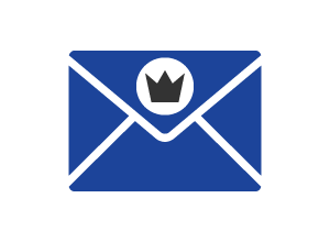 Blauer Briefumschlag mit weißer Krone im Dreieck als Icon