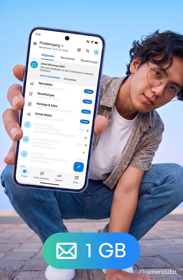 Junger Man zeigt Smartphone mit Postfach