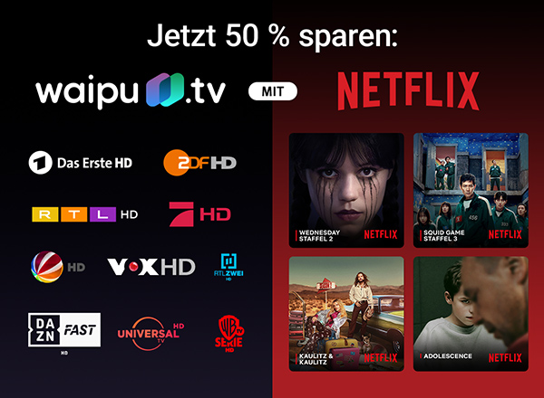 Im Hintergrund steht ein schwarzes Flachbildfernseher und darauf ist das waipu.tv Logo zu sehen. Rechts vor dem Fernseher steht ein Tablet und darauf sind die Logos von Das Erste, ProSieben, Vox, ZDF, RTL und Sat1 zu sehen. Links vor dem Fernseher ist ein Laptop zu sehen und auf dem Bildschirm ist ein Fußballspiel zu sehen.