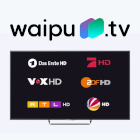Partnerlogo von Waipu.tv auf einem hellblauen einfarbigen Hintergrund