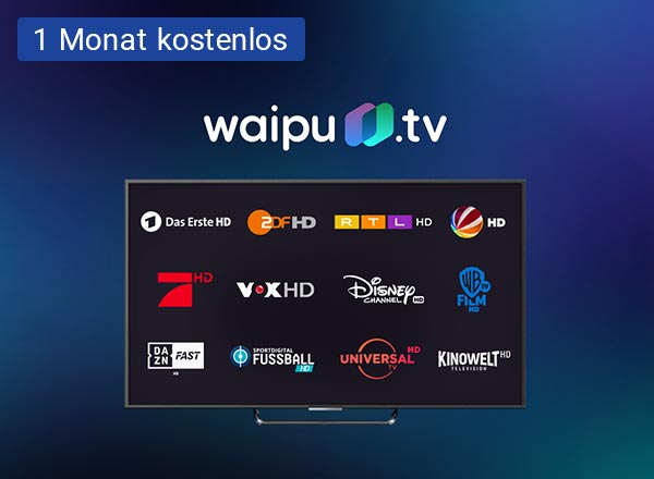 Im Hintergrund steht ein schwarzes Flachbildfernseher und darauf ist das waipu.tv Logo zu sehen. Rechts vor dem Fernseher steht ein Tablet und darauf sind die Logos von Das Erste, ProSieben, Vox, ZDF, RTL und Sat1 zu sehen. Links vor dem Fernseher ist ein Laptop zu sehen und auf dem Bildschirm ist ein Fußballspiel zu sehen.