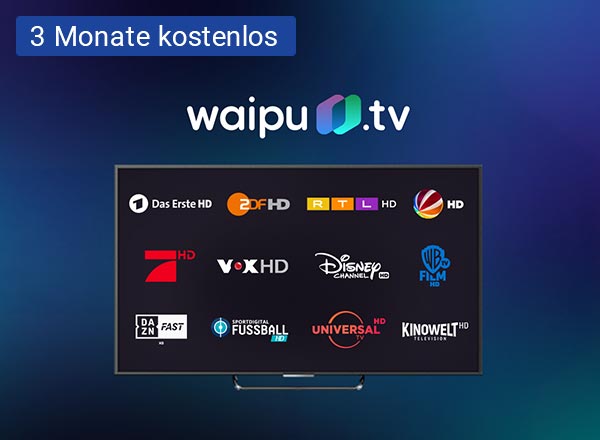 Im Hintergrund steht ein schwarzes Flachbildfernseher und darauf ist das waipu.tv Logo zu sehen. Rechts vor dem Fernseher steht ein Tablet und darauf sind die Logos von Das Erste, ProSieben, Vox, ZDF, RTL und Sat1 zu sehen. Links vor dem Fernseher ist ein Laptop zu sehen und auf dem Bildschirm ist ein Fußballspiel zu sehen.