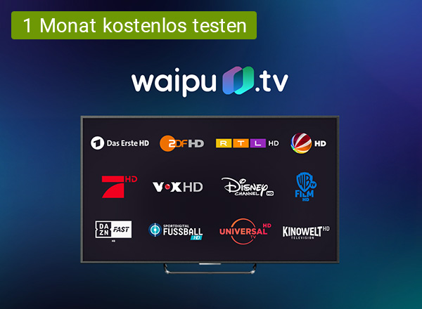 Im Hintergrund steht ein schwarzes Flachbildfernseher und darauf ist das waipu.tv Logo zu sehen. Rechts vor dem Fernseher steht ein Tablet und darauf sind die Logos von Das Erste, ProSieben, Vox, ZDF, RTL und Sat1 zu sehen. Links vor dem Fernseher ist ein Laptop zu sehen und auf dem Bildschirm ist ein Fußballspiel zu sehen.