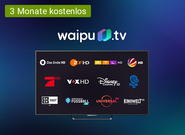 Im Hintergrund steht ein schwarzes Flachbildfernseher und darauf ist das waipu.tv Logo zu sehen. Rechts vor dem Fernseher steht ein Tablet und darauf sind die Logos von Das Erste, ProSieben, Vox, ZDF, RTL und Sat1 zu sehen. Links vor dem Fernseher ist ein Laptop zu sehen und auf dem Bildschirm ist ein Fußballspiel zu sehen.