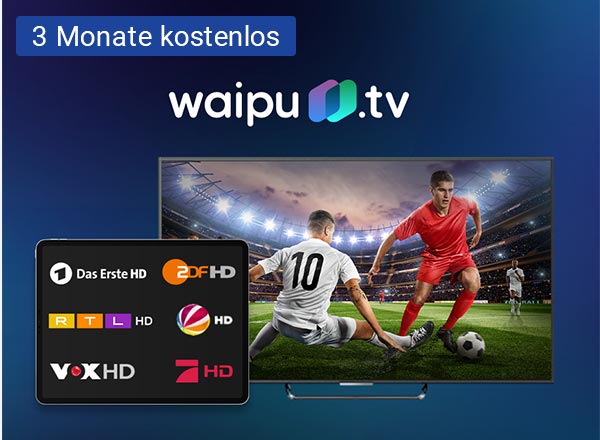 Im Hintergrund steht ein schwarzes Flachbildfernseher und darauf ist das waipu.tv Logo zu sehen. Rechts vor dem Fernseher steht ein Tablet und darauf sind die Logos von Das Erste, ProSieben, Vox, ZDF, RTL und Sat1 zu sehen. Links vor dem Fernseher ist ein Laptop zu sehen und auf dem Bildschirm ist ein Fußballspiel zu sehen.