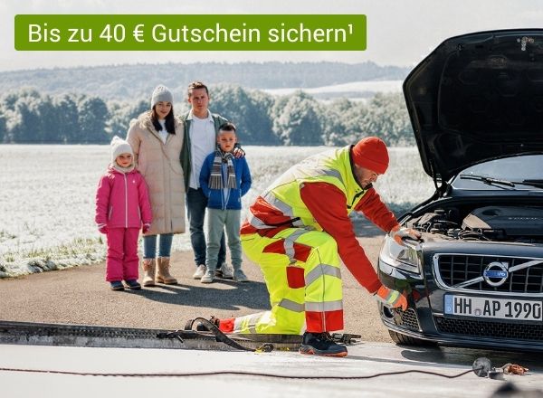 Winterliche Landschaft mit Familie deren Auto vom ACE-Pannenhelfer abgeschleppt wird.