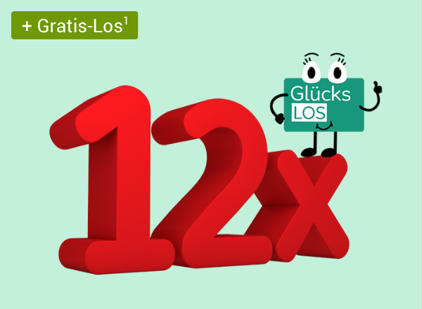 Rote Zahl '12x' mit kleinem grünen Comic-Glücks-Los mit Augen und Armen rechts oben