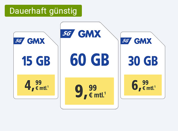 GMX 5G-Tarife: 15 GB für 4,99 €, 30 GB für 6,99 €, 60 GB für 9,99 € monatlich.¹
