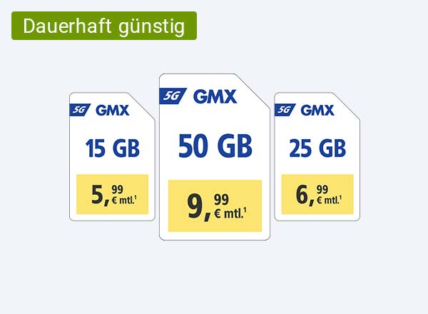 GMX 5G-Tarife: 15 GB für 5,99 €, 25 GB für 6,99 €, 50 GB für 9,99 € monatlich.¹