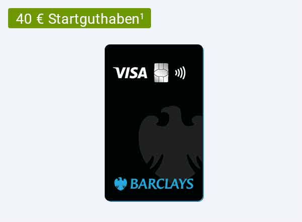 Schwarze Barclays Visa Kreditkarte mit Kontaktlos-Symbol und grünem Kreis mit Text "40 € Startguthaben"
