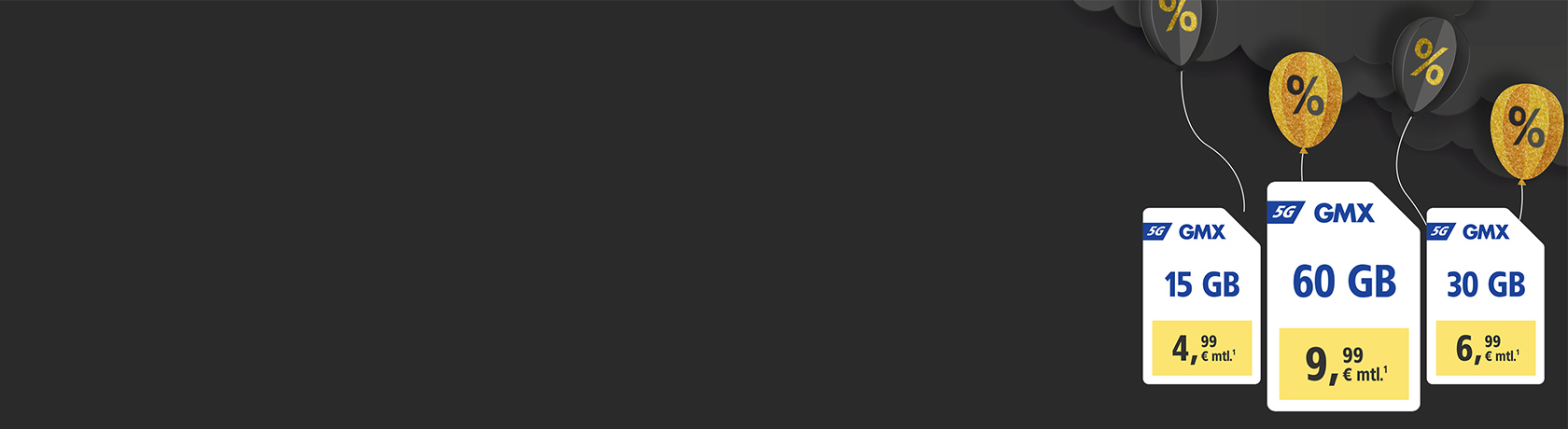 GMX 5G-Tarife: 15 GB für 4,99 €, 30 GB für 6,99 €, 60 GB für 9,99 € monatlich.¹