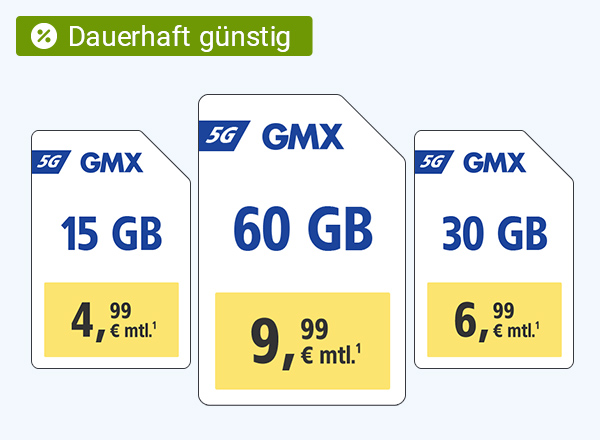 GMX 5G-Tarife: 15 GB für 4,99 €, 30 GB für 6,99 €, 60 GB für 9,99 € monatlich.¹
