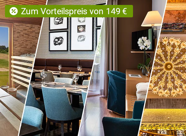Drei Fotos zeigen ein Restaurant mit gedeckten Tischen und blauen Stühlen, einen Raum mit blauem Sessel und Schreibtisch, sowie einen Kronleuchter mit goldfarbenen Details.