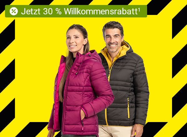 Zwei Personen tragen Steppjacken, eine in Pink, die andere in Schwarz der Hintergund des Visuals ist gelb-schwarz gestreift mit dem Hinweis das es jetzt bei Personalshop einen Willkommendrabatt von 30 % gibt