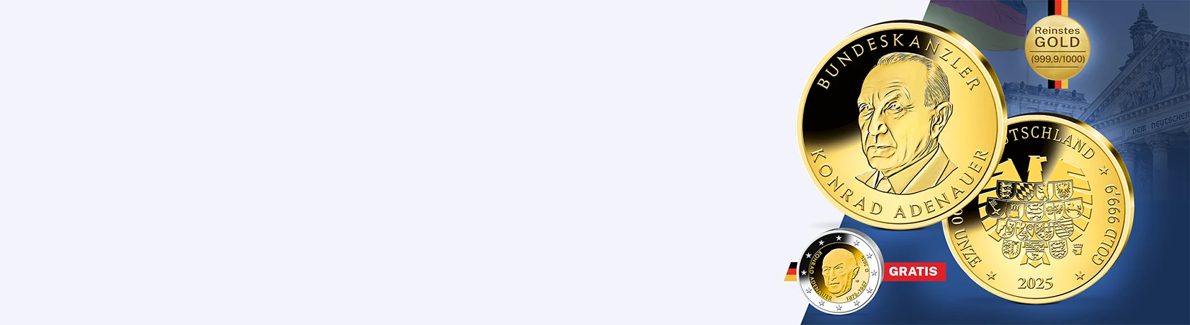 Zwei goldene Münzen mit dem Brandenburger Tor und dem Bundesadler. Text: '35 Jahre Deutsche Einheit', 'Wir sind ein Volk!', 'gratis'.