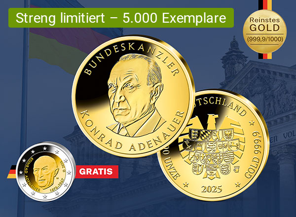 3 Münzen, zwei davon mit Konrad Adenauer Prägung, die dritte Münze zeigt die Rückseite mit Bundesadler Prägung, mit Chip-Text "Streng limitiert"