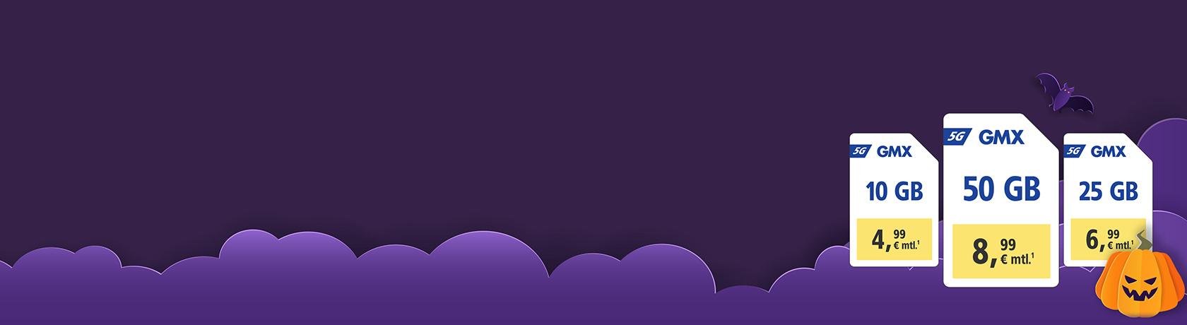 GMX 5G-Tarife: 10 GB für 4,99 €, 25 GB für 6,99 €, 50 GB für 8,99 € monatlich.¹