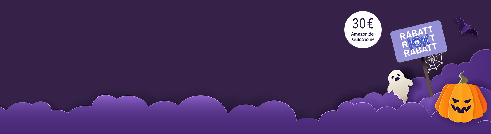 Halloween-Motiv mit Kürbis, Geist, Fledermaus und Roland Rechtsschutz  Schild auf lila Wolken