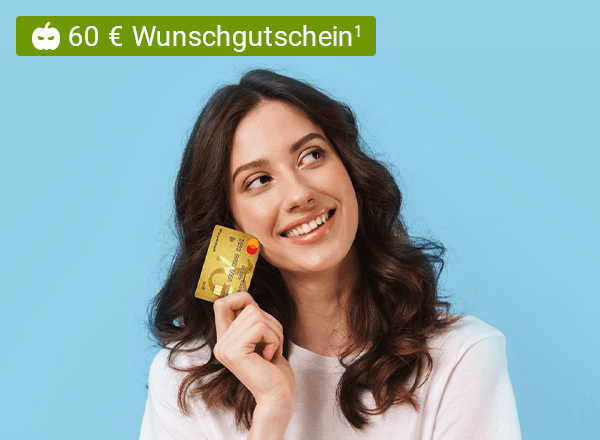 Frau mit goldener Kreditkarte trägt Advanzia-Shirt. Unten links: 60 € Wunschgutschein für über 500 Shops.