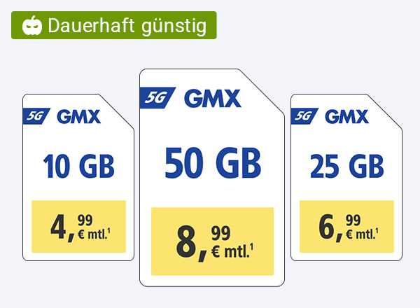 GMX 5G-Tarife: 10 GB für 4,99 €, 25 GB für 6,99 €, 50 GB für 8,99 € monatlich.¹