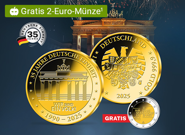 Zwei goldene Münzen mit dem Brandenburger Tor und dem Bundesadler. Text: '35 Jahre Deutsche Einheit', 'Wir sind ein Volk!', 'gratis'.