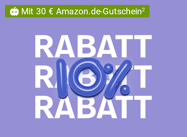 Text 'Rabatt' dreimal hintereinander, darüber Hinweis auf 30 € Amazon.de-Gutschein, große blaue 10 Prozent Zahl