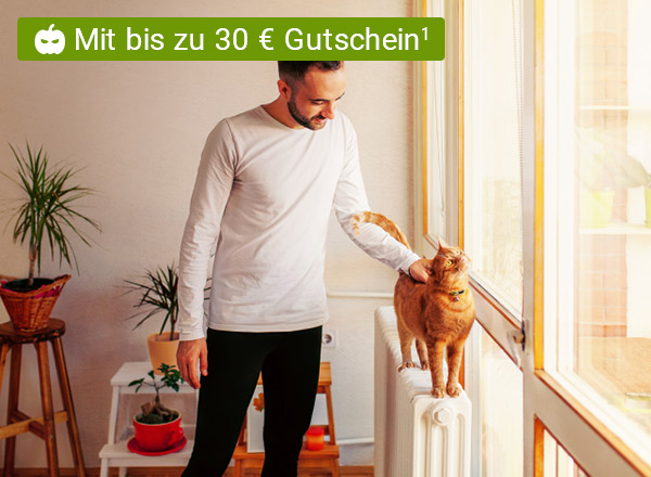 Ein Mann streichelt eine Katze, die auf einer Heizung steht. Im Hintergrund sind die Umrisse eines Wohnzimmers erkennbar.