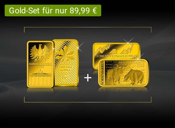 Zwei goldene Barren mit Bundesadler und Eichenblatt, zwei goldene Barren mit Bullen und Bär, jeweils mit Prägung '1/200 Unze Feingold 999,9' und Jahreszahl 2023
