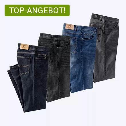 Vier gefaltete Herrenjeans in verschiedenen Blau- und Grautönen, jeweils mit Lederetikett am Bund, dazu ein Chip mit dem Text: TOP-ANGEBOT!