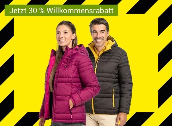 Zwei Personen tragen Steppjacken, eine in Pink, die andere in Schwarz der Hintergund des Visuals ist gelb-schwarz gestreift mit dem Hinweis das es jetzt bei Personalshop einen Willkommendrabatt von 30 % gibt