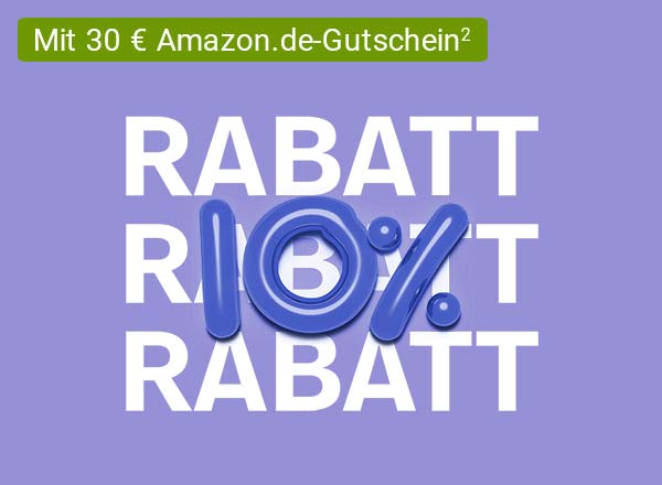 Text 'Rabatt' dreimal hintereinander, darüber Hinweis auf 30 € Amazon.de-Gutschein, große blaue 10 Prozent Zahl