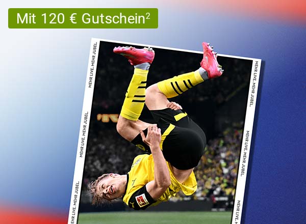 Fußballspieler in gelb-schwarzem Trikot führt einen Fallrückzieher aus; Werbeangebot für Sky-Abonnement für 24,99 € monatlich und 120 € Gutschein