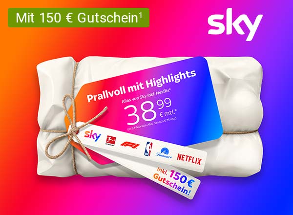 Bunter Verlaufshintergrund mit weißem Text: 'sky Prallvoll mit Highlights 38,99 € mtl.* (im 24-Monats-Abo, danach € 75 mtl.)' und blauem Banner 'Mit 150 € Gutschein¹'.