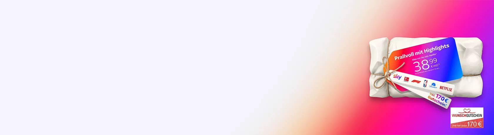 Ein Päckchen mit einem Paketband, darauf ein Etikett mit der Headline "Prallvoll mit Highlights" und der Preisangabe "38,99 € mtl." sowie Logos von Sky, Bundesliga, Formel1, NBA, Paramount+ und Netflix. sowie einem zweiten Schild mit dem Hinweis "inkl. 170 € Gutschein!"