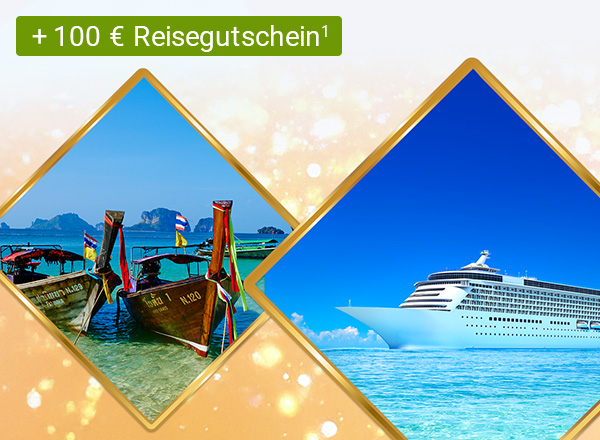 Zwei viereckige Bildausschnitte, die das Meer zeigen. Auf dem linken Bildausschnitt sind zusätzlich zwei alte Fischerboote zu sehen und auf dem rechten Bildausschnitt ein Kreuzfahrtschiff.