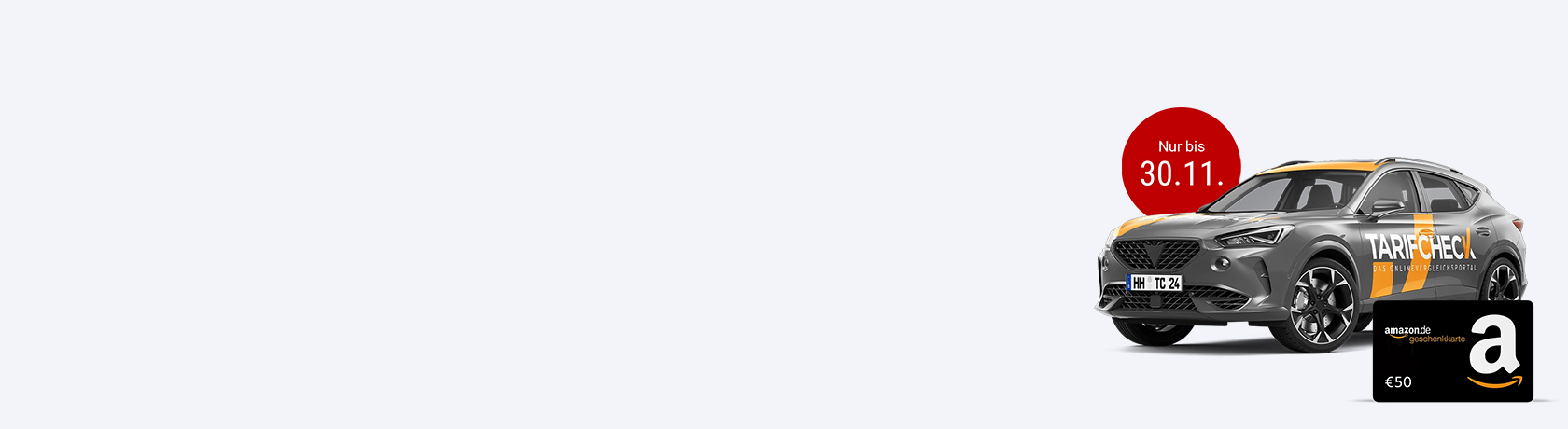 Graues SUV mit schwarzem Dach und Felgen, roter Aufkleber 'Nur bis 30.11.', daneben schwarze 50 € Amazon-Geschenkkarte².