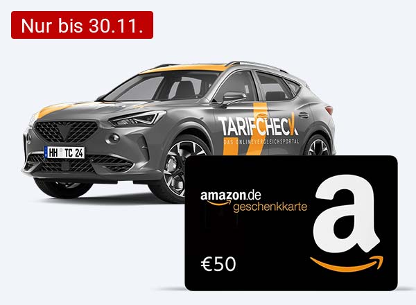 Grauer SUV mit gelben Streifen und Aufschrift 'TARIFCHECK DAS ONLINEVERGLEICHSPORTAL', daneben eine schwarze 50 € Amazon-Geschenkkarte².