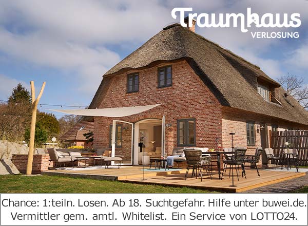 Lotto Traumhaus: Teilnahme ab 18 Jahren. Spielen kann süchtig machen. Hilfe: buwei.de. Vermittlung durch LOTTO24 (Whitelist).