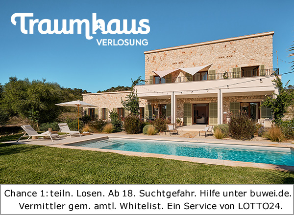 Lotto Traumhaus: Teilnahme ab 18 Jahren. Spielen kann süchtig machen. Hilfe: buwei.de. Vermittlung durch LOTTO24 (Whitelist).
