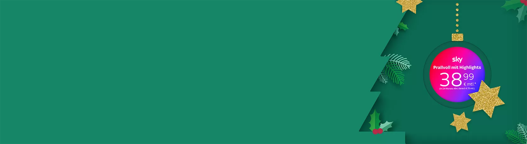 Ein Päckchen mit einem Paketband, darauf ein Etikett mit der Headline "Prallvoll mit Highlights" und der Preisangabe "38,99 € mtl." sowie Logos von Sky, Bundesliga, Formel1, NBA, Paramount+ und Netflix. sowie einem zweiten Schild mit dem Hinweis "inkl. 150 € Gutschein!"