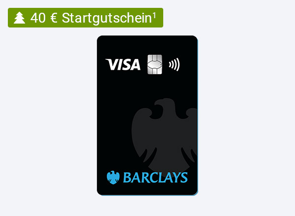Schwarze Barclays Visa Kreditkarte mit Kontaktlos-Symbol und grünem Kreis mit Text "40 € Startguthaben"