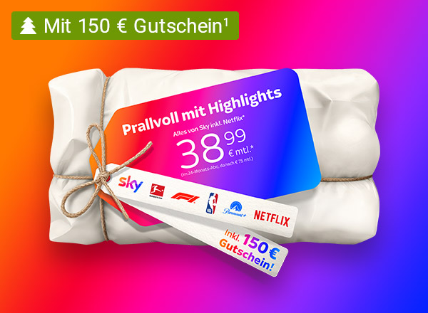 Bunter Verlaufshintergrund mit weißem Text: 'sky Prallvoll mit Highlights 38,99 € mtl.* (im 24-Monats-Abo, danach € 75 mtl.)' und blauem Banner 'Mit 150 € Gutschein¹'.